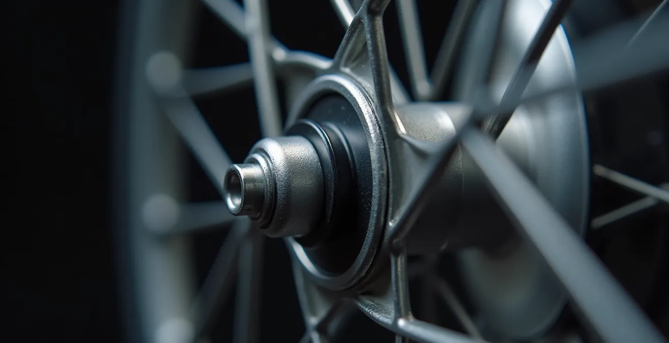 Detalle macro del imán del sensor de velocidad correctamente alineado en el radio de una bicicleta eléctrica