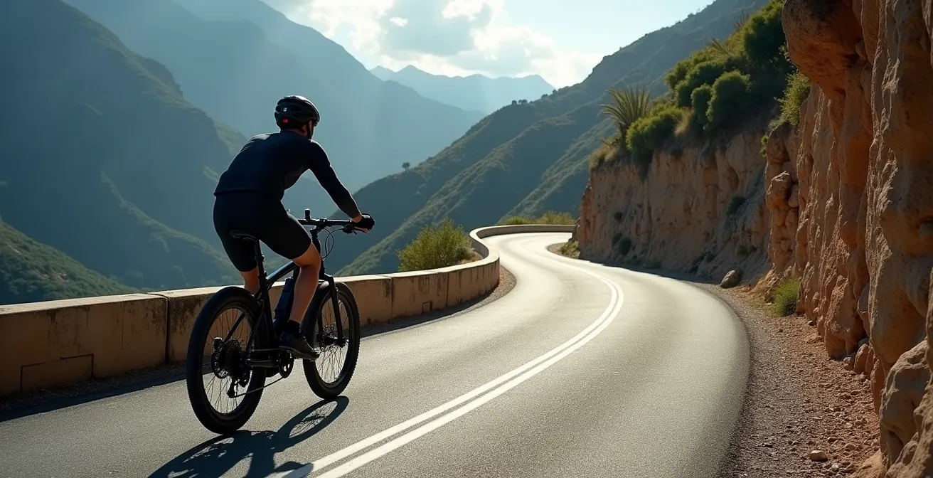 Vista lateral de e-bike en pendiente pronunciada mostrando el impacto del desnivel en el consumo de batería