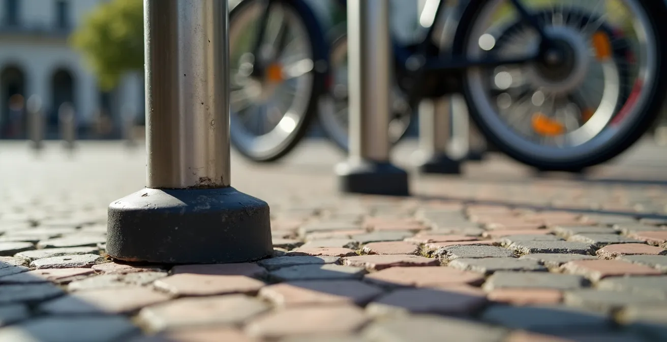Vista aérea de zona de aparcamiento con bicicletas eléctricas y patinetes correctamente estacionados