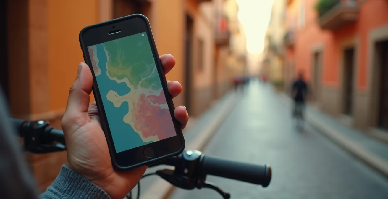 Mano sosteniendo smartphone mostrando mapa con puntos de recarga, vista desde atrás del dispositivo
