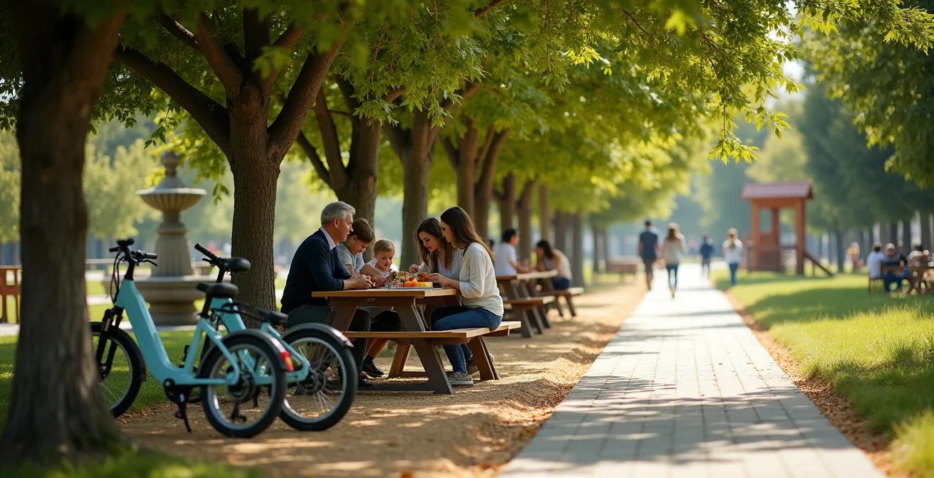 Área de picnic con sombra en una vía verde española con ciclistas descansando