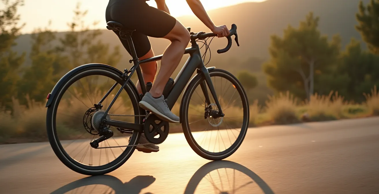 Vista lateral de ciclista mostrando técnica de pedaleo con cadencia alta en e-bike