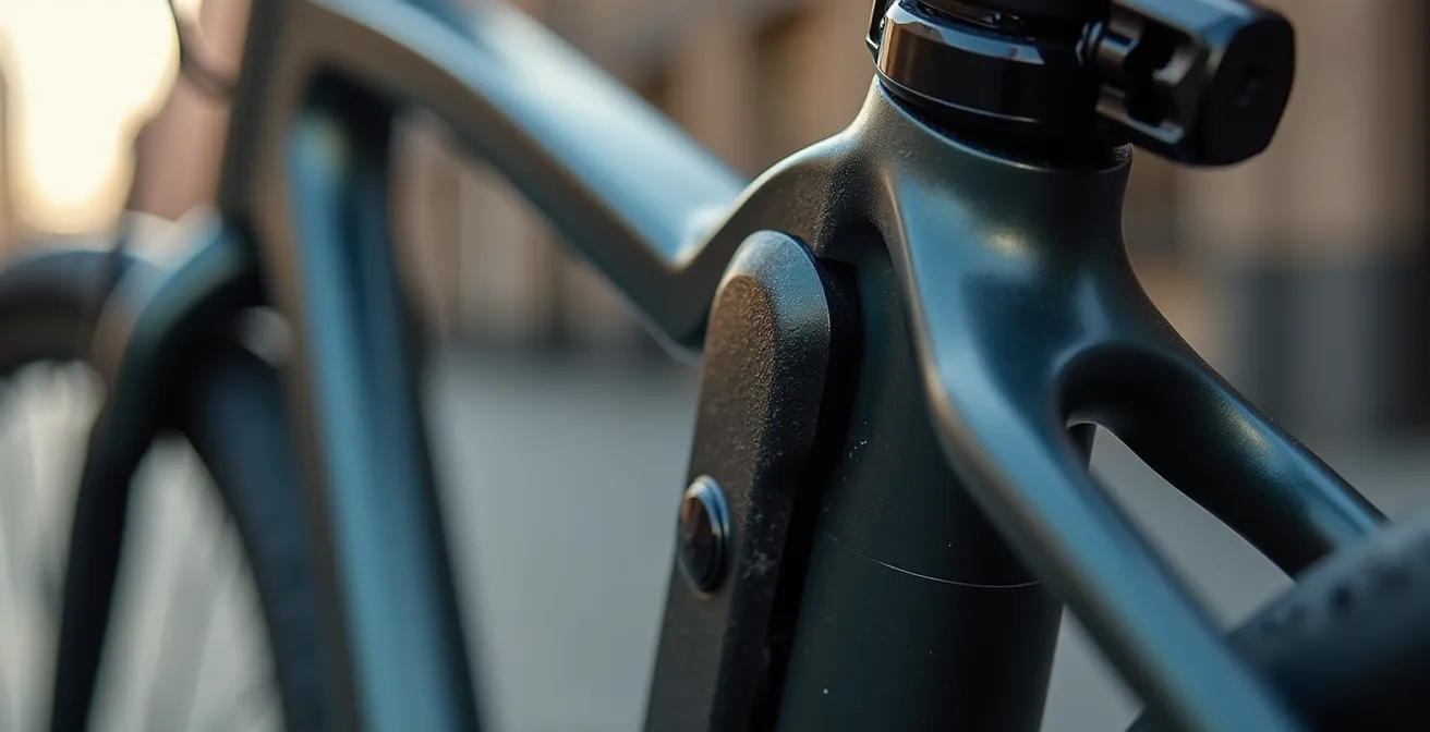 Detalle macro de candado de alta seguridad protegiendo una bicicleta eléctrica a un poste en la ciudad.