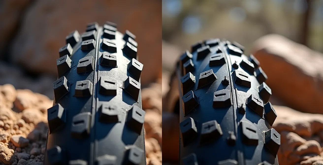 Vista lateral de neumático e-MTB con carcasa reforzada montado en llanta, mostrando grosor de paredes