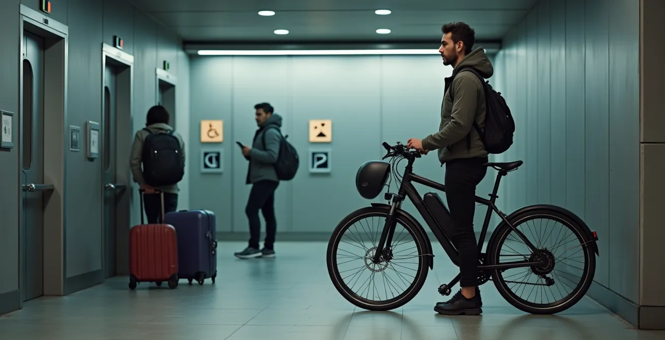 Ciclista esperando ascensor con e-bike en estación de tren moderna