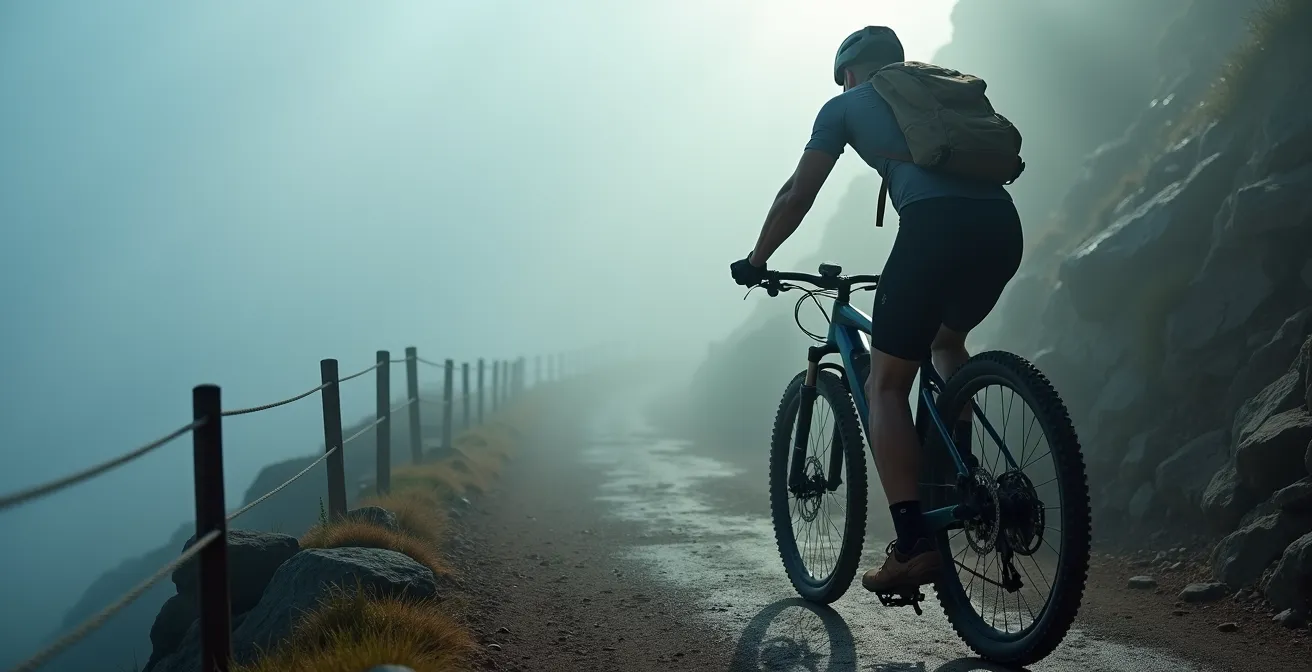 Ciclista con bicicleta eléctrica ascendiendo entre la niebla en la subida a O Cebreiro
