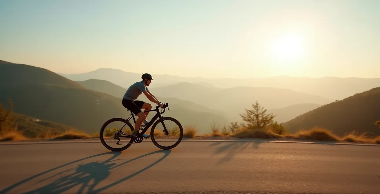 Vista amplia de ciclista con bicicleta eléctrica verificando monitor de frecuencia cardíaca en entorno natural