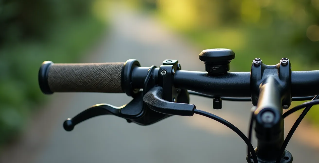 Ciclista consultando smartphone montado en manillar en carril bici segregado