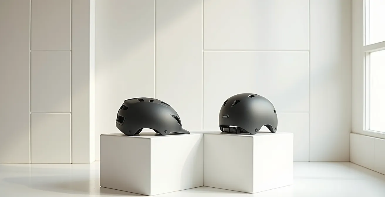 Comparación visual entre casco de bicicleta convencional y casco homologado ECE para ciclomotor