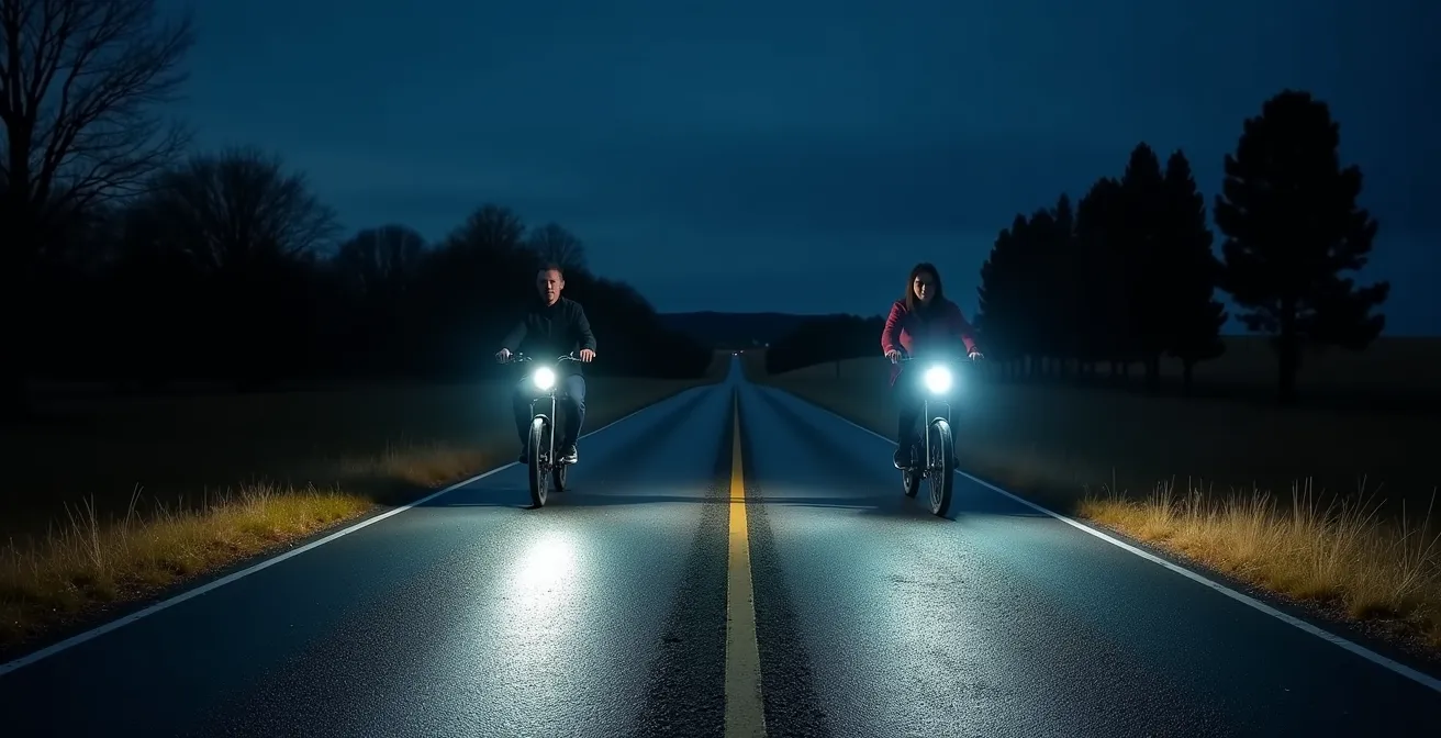 Comparación visual del patrón de luz StVZO versus luz convencional en carretera nocturna