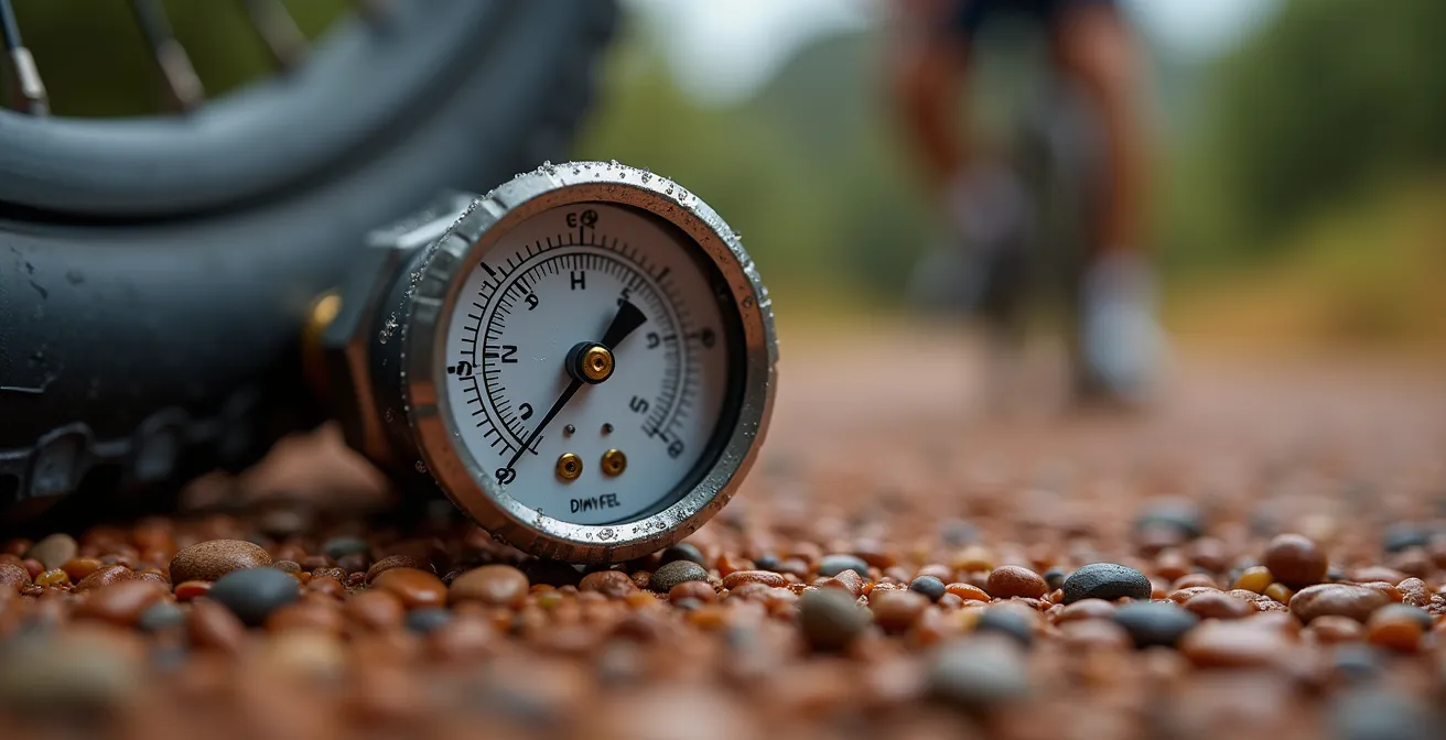 Detalle macro de válvula y manómetro en rueda de e-bike