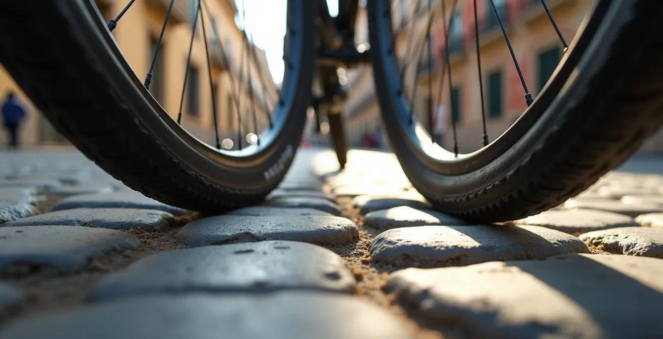 Vista lateral comparativa de dos ruedas de bicicleta eléctrica sobre adoquines españoles antiguos