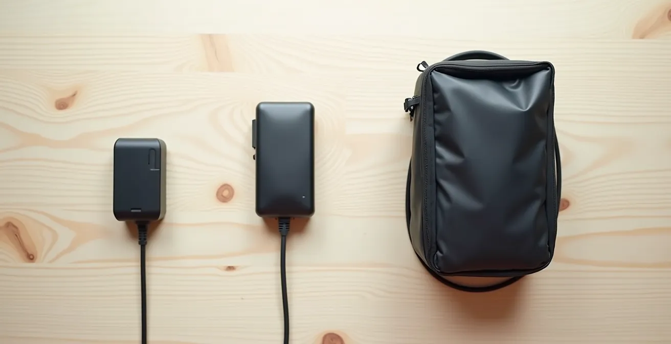 Comparación visual de tamaños entre cargador compacto y estándar junto a alforja de bicicleta