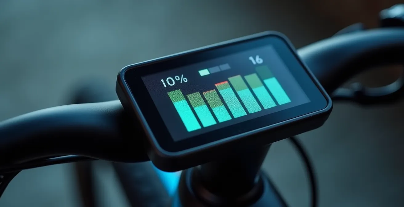 Vista macro de display de bicicleta eléctrica mostrando niveles de batería con diferentes modos de asistencia