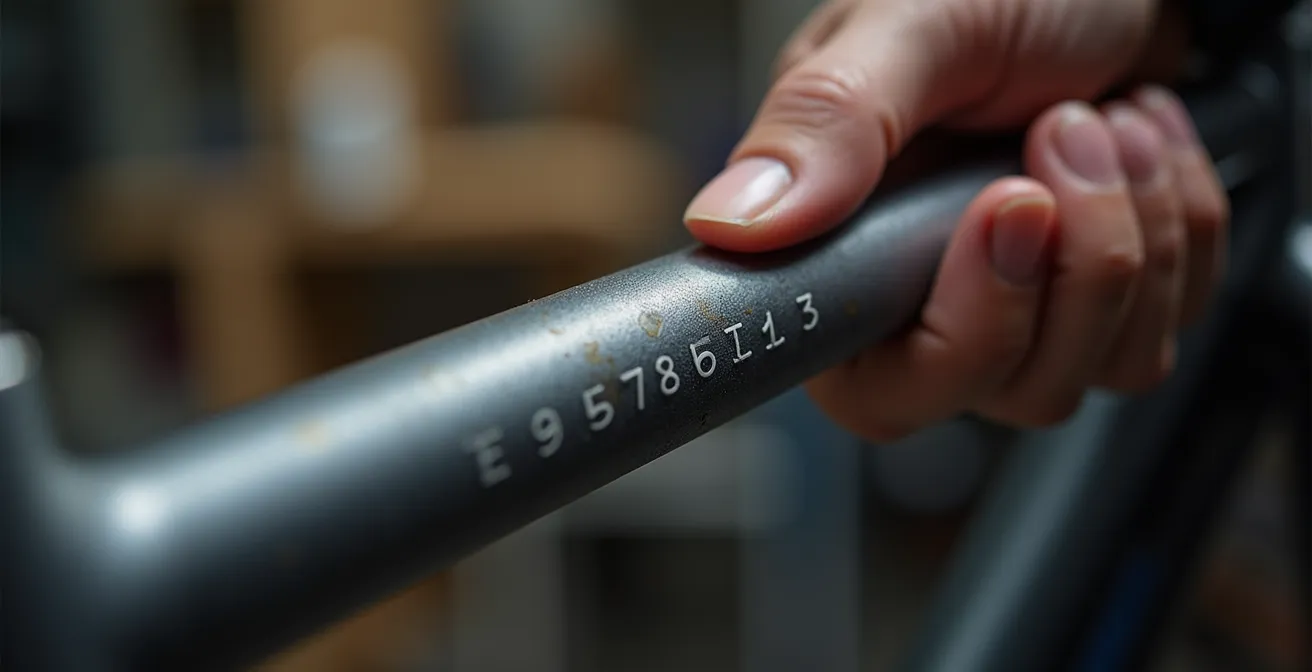 Persona examinando el número de bastidor en el cuadro de una bicicleta eléctrica de segunda mano