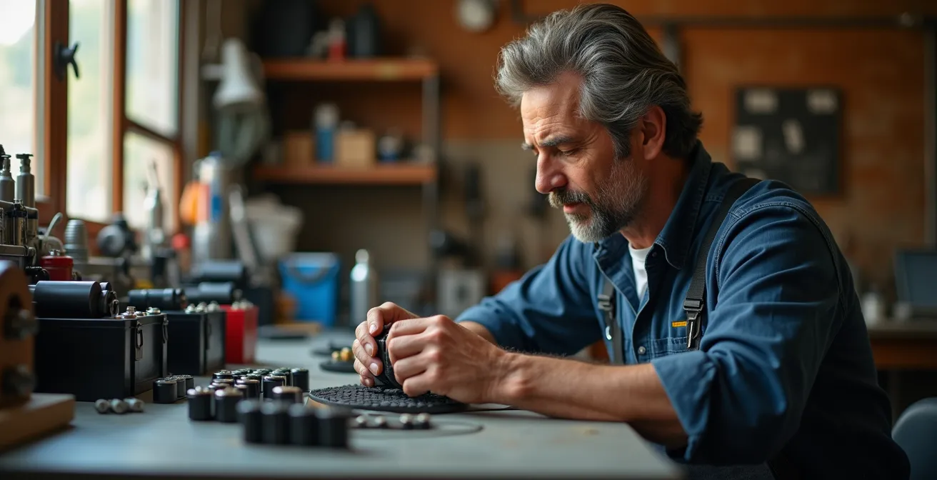 Árbol de decisión visual para evaluar si hacer recelling o comprar batería nueva, mostrando factores como coste, garantía y riesgo.