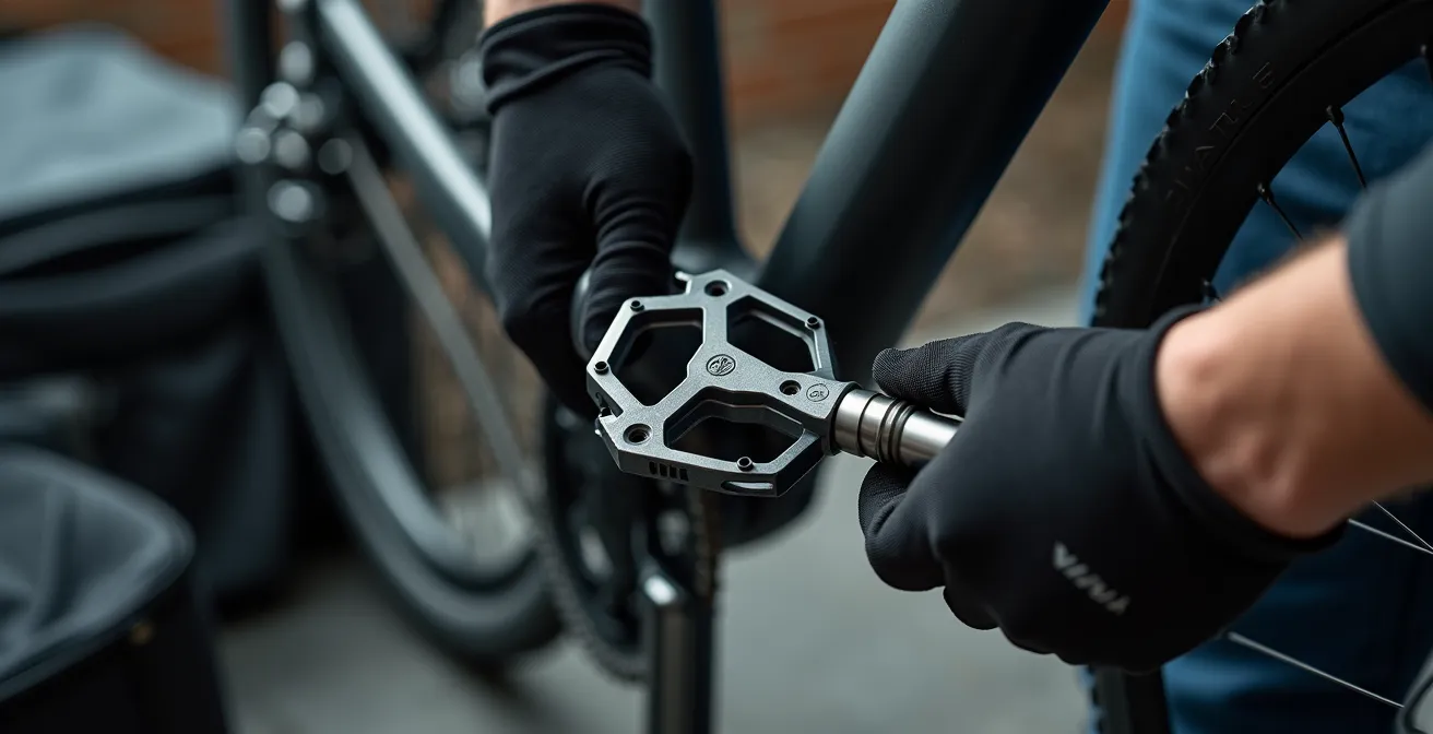 Manos desmontando pedales y rueda de bicicleta eléctrica junto a bolsa de transporte
