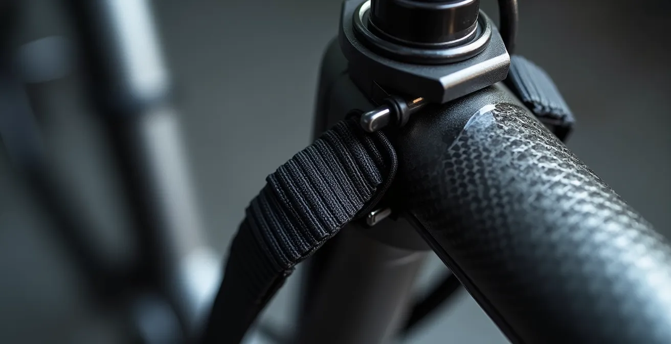 Detalle macro de sistema de fijación con correas extendidas en cuadro de e-bike