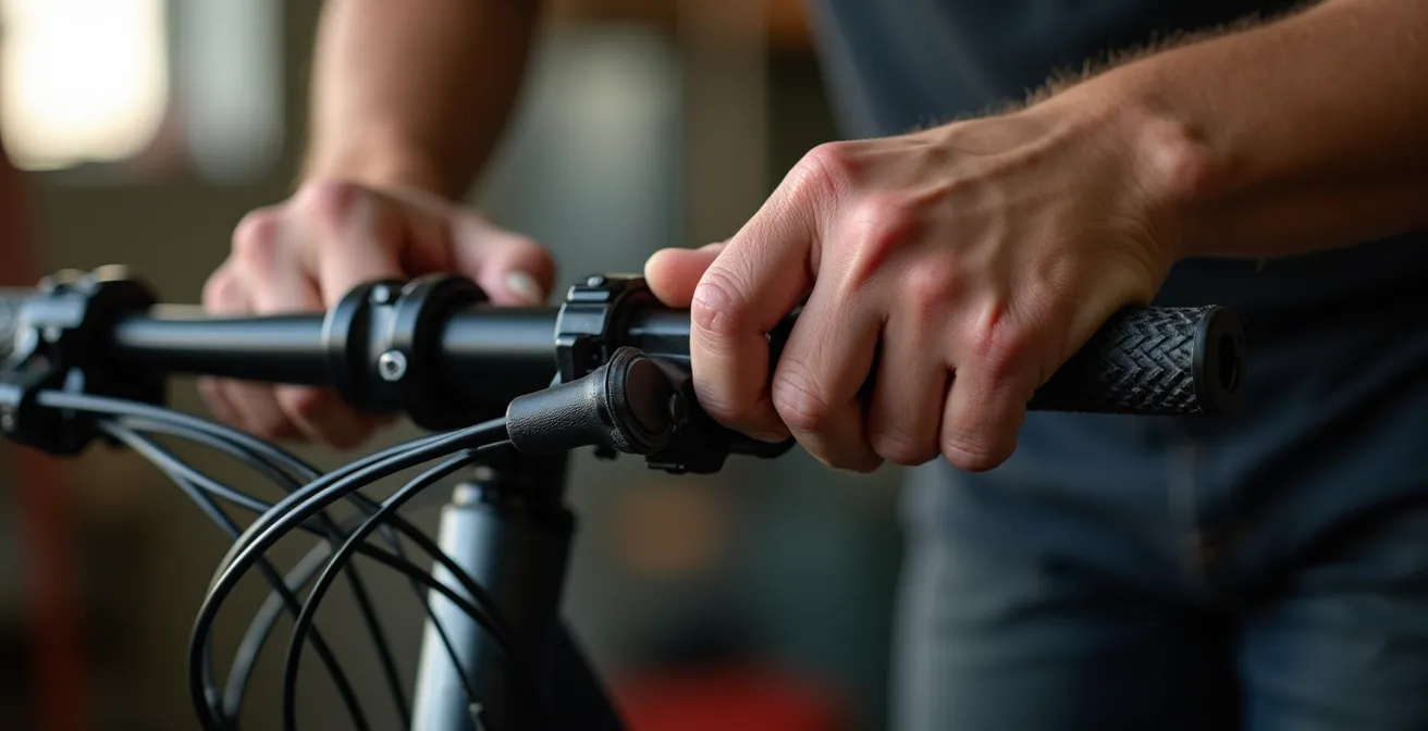 Manos de mecánico probando la maneta de freno de una e-bike para detectar aire en el sistema