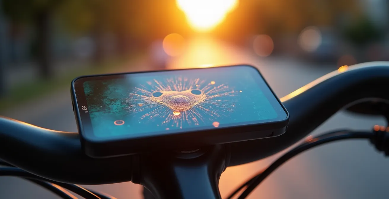 Primer plano de pantalla LCD de e-bike mostrando daño por calor con manchas oscuras características