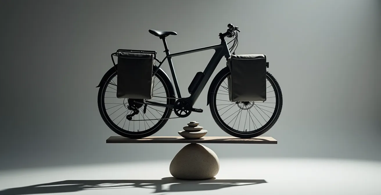 Vista lateral de bicicleta eléctrica mostrando distribución equilibrada de peso en alforjas