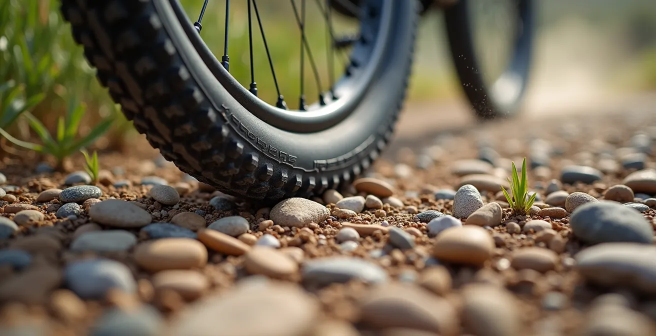 Vista macro de neumático de e-bike sobre terreno pedregoso con viento visible