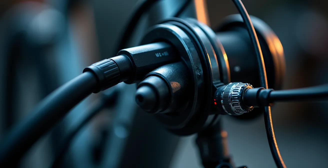 Primer plano macro de herramientas de diagnóstico profesionales para e-bike conectadas a motor