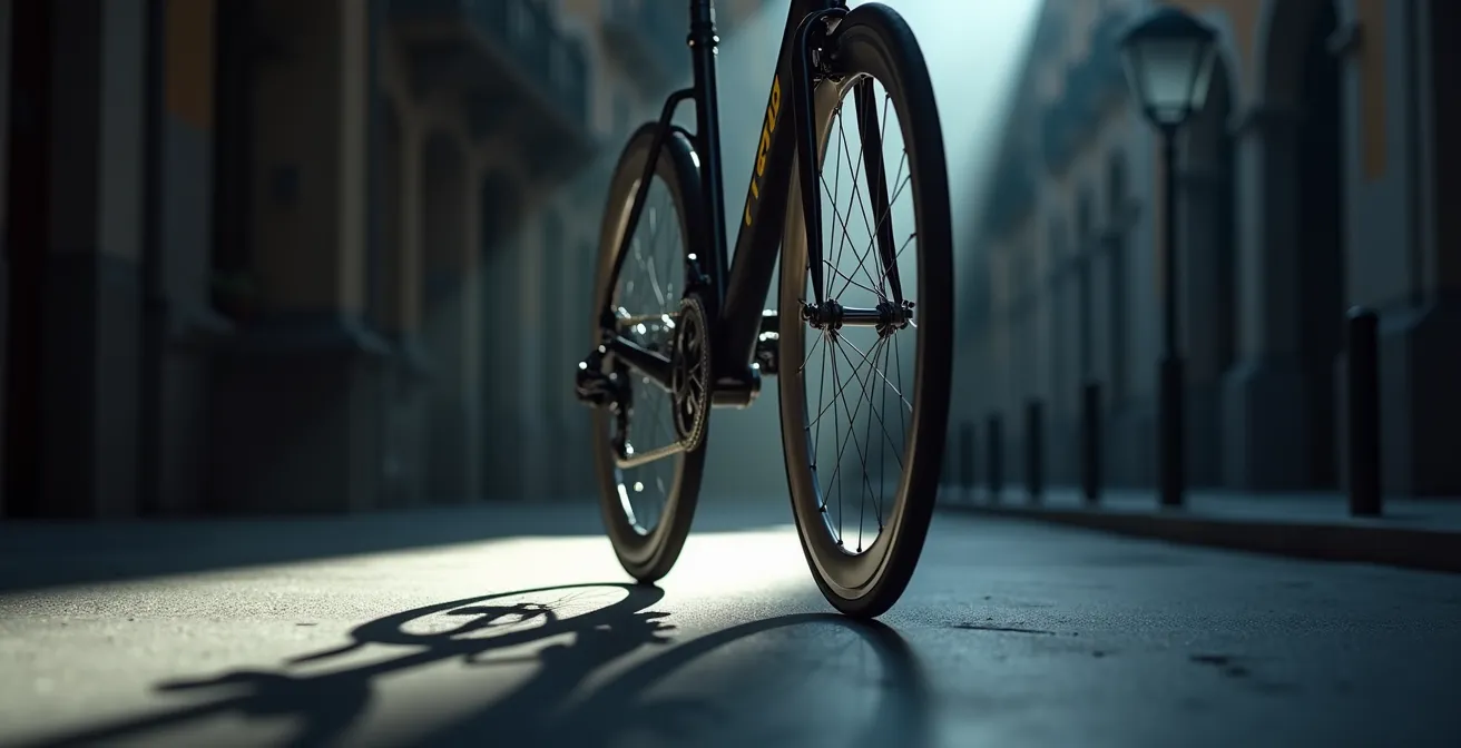 Horquilla de bicicleta bajo tensión extrema durante el frenado con peso adicional del motor eléctrico