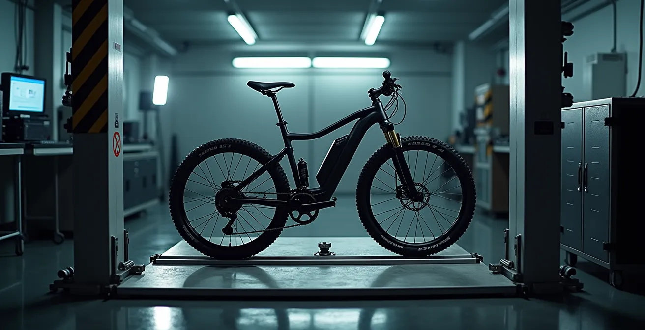 Laboratorio técnico de homologación realizando pruebas de frenado en bicicleta eléctrica