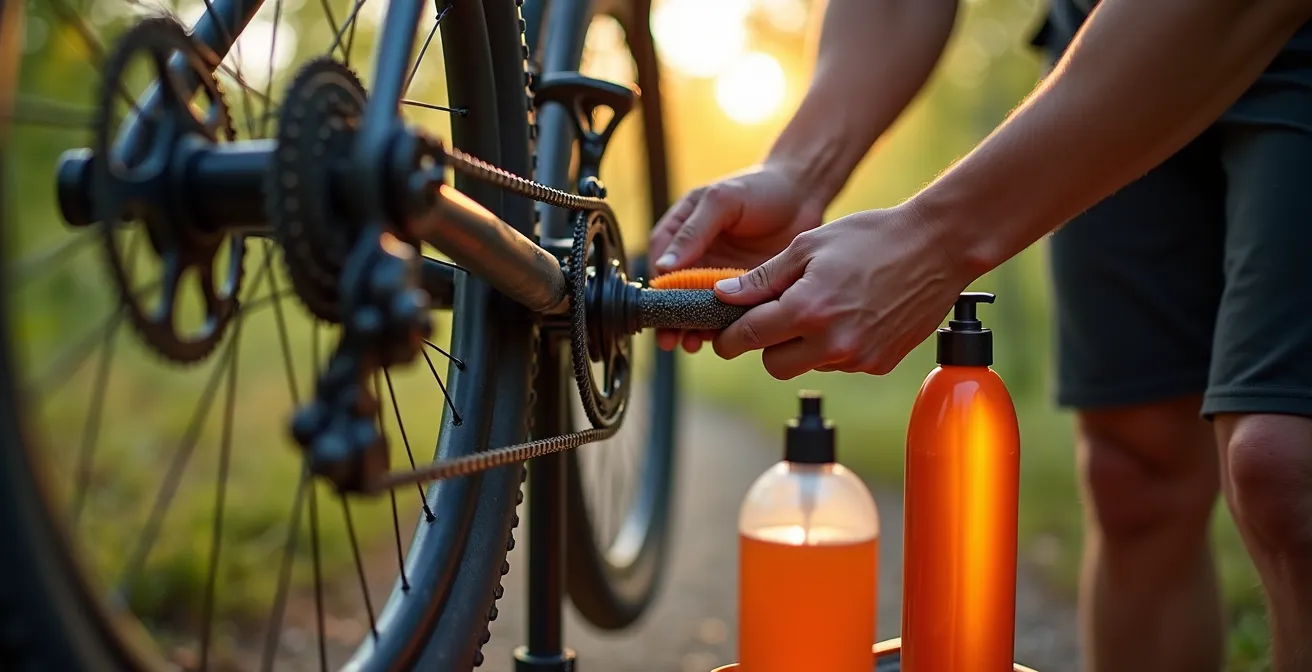 Proceso de limpieza cuidadosa de la zona del pedalier en una bicicleta eléctrica de montaña con herramientas especializadas