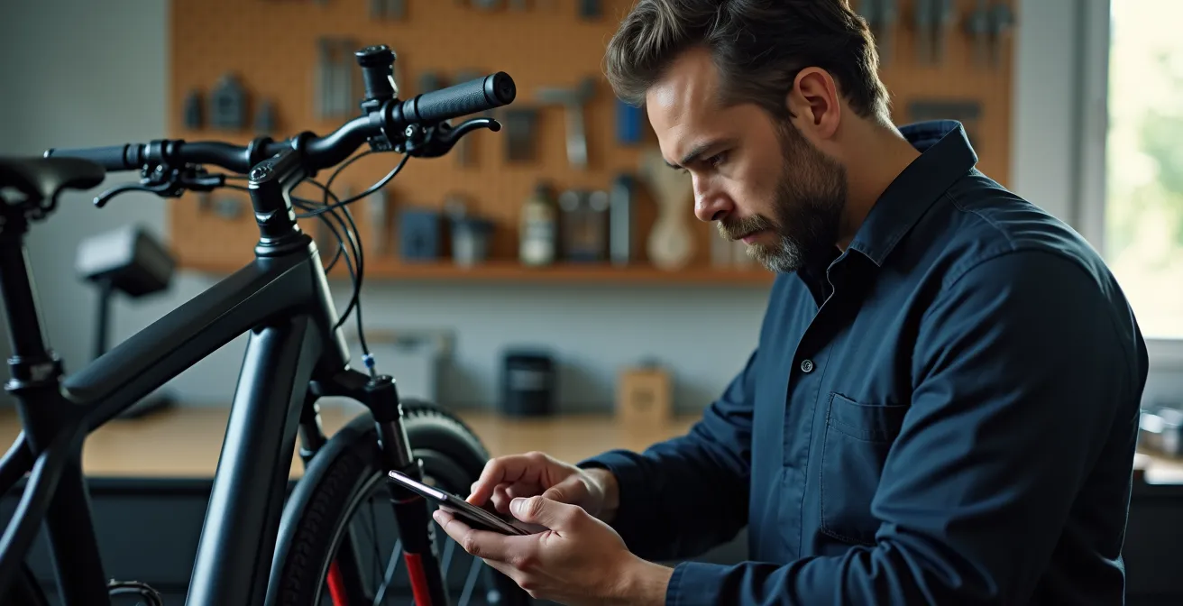 Mecánico especializado realizando diagnóstico digital en bicicleta eléctrica