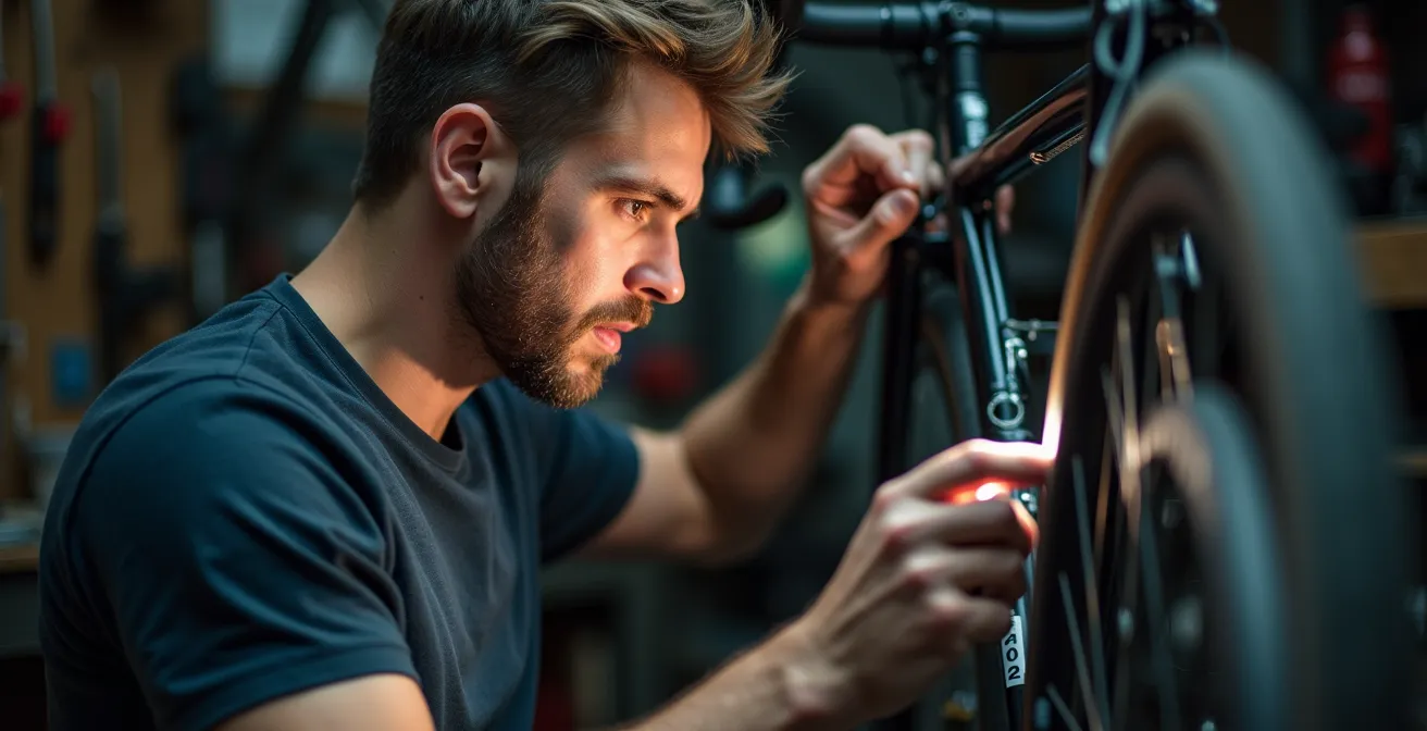 Mecánico profesional localizando el número de bastidor en diferentes partes del cuadro de una bicicleta