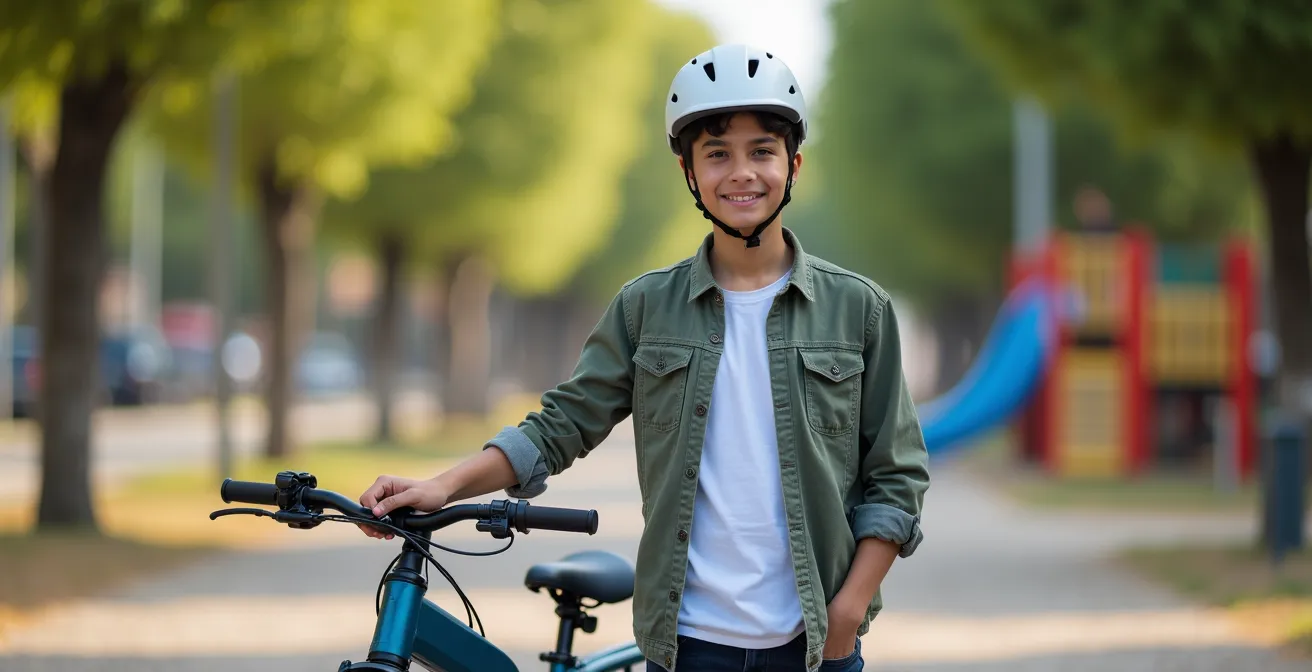 Adolescente con casco junto a bicicleta eléctrica y patinete en parque urbano