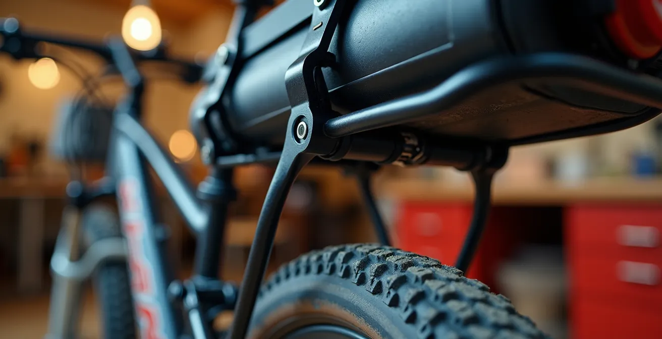 Detalle técnico del montaje de alforjas con batería bajo el portabultos, mostrando espaciadores y ganchos ajustables