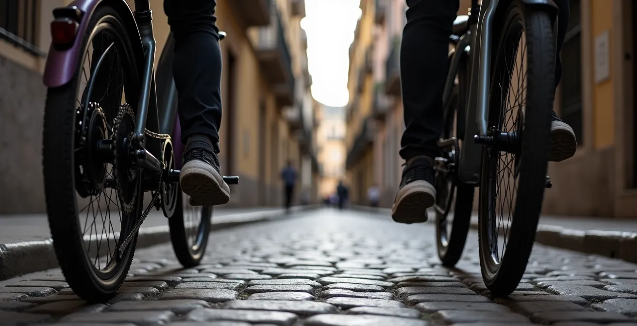 Vista lateral comparativa de dos bicicletas eléctricas subiendo cuesta empinada