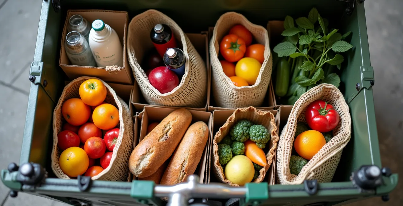 Vista cenital de cajón de cargo bike con compra semanal perfectamente organizada