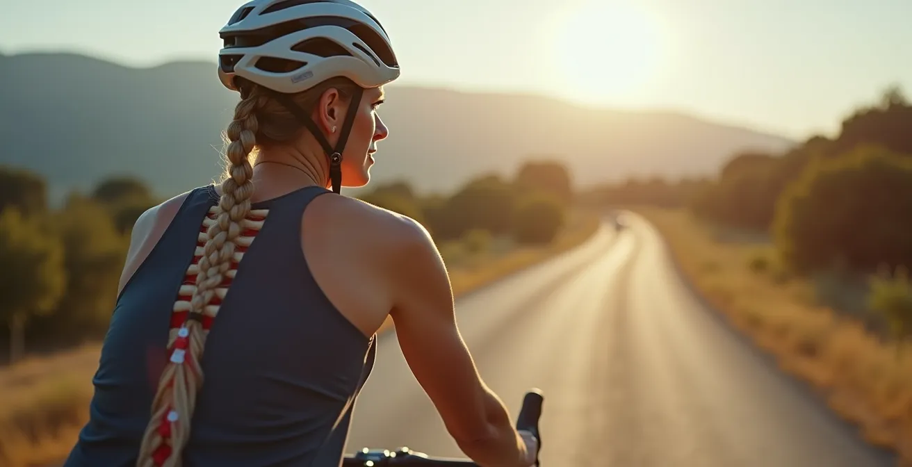 Posición ergonómica del ciclista en e-bike mostrando alineación correcta de espalda y rodillas
