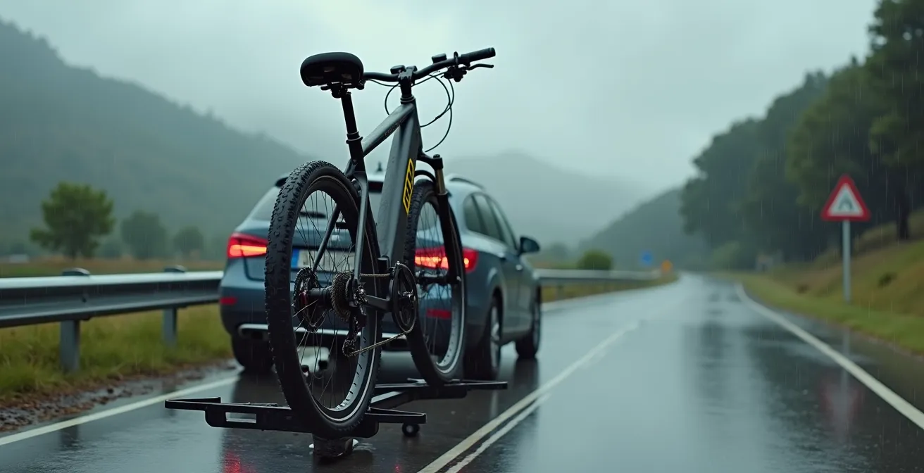 Bicicleta eléctrica en portabicis con protecciones contra lluvia durante viaje