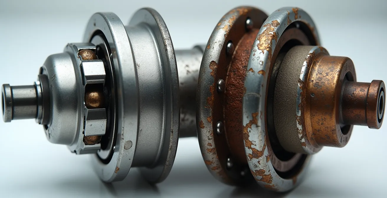 Vista macro comparativa de rodamientos de motor de buje: uno nuevo brillante y uno desgastado con marcas de óxido y desgaste