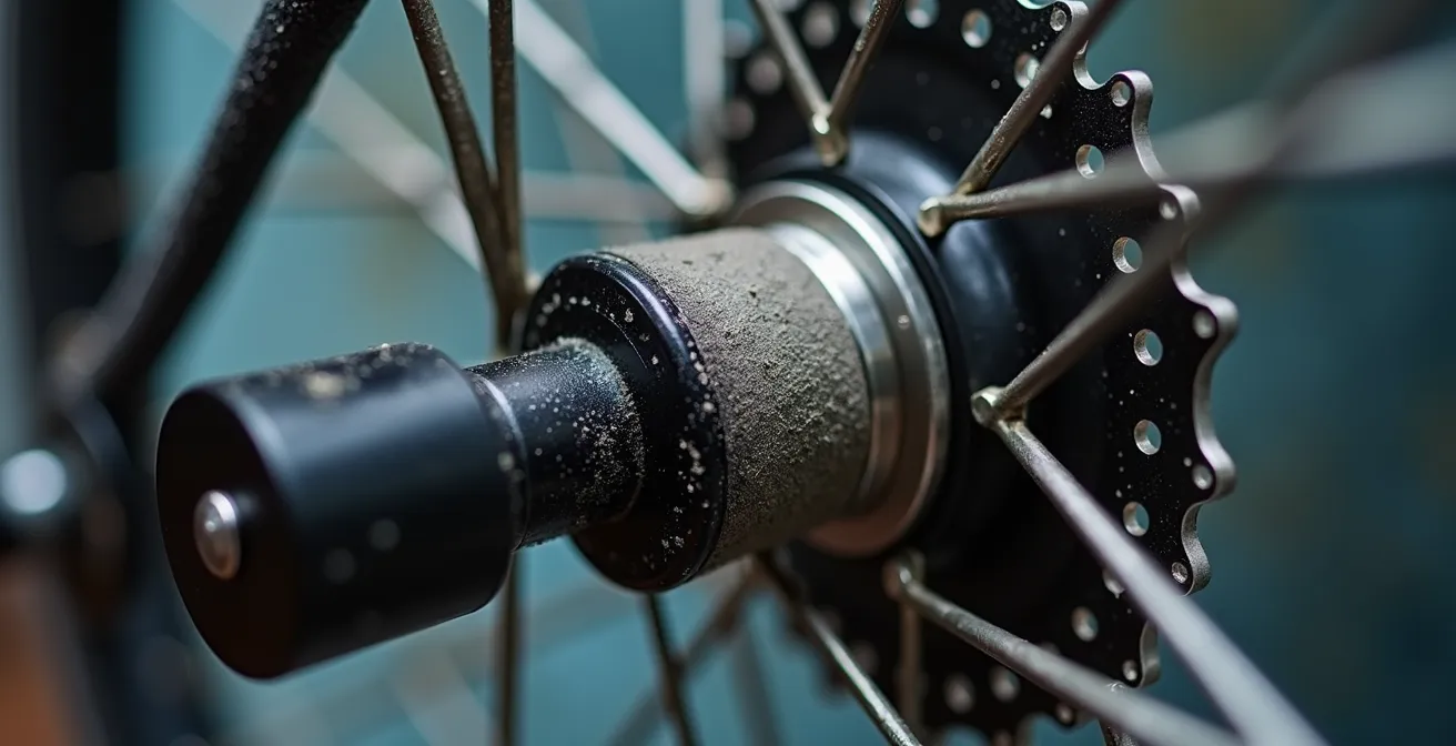 Detalle macro del sensor magnético y el imán de velocidad en una rueda de bicicleta eléctrica durante proceso de limpieza
