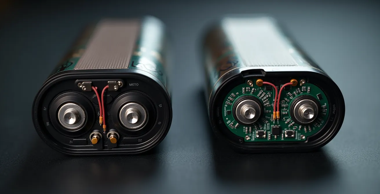 Comparación visual entre una batería de marca con un BMS sofisticado y una batería genérica sin apenas protecciones internas
