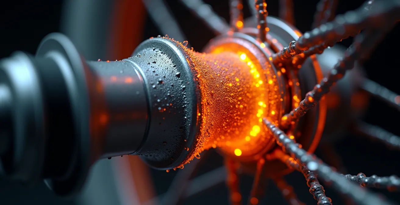 Vista macro del motor de buje mostrando signos de calor extremo durante subida prolongada