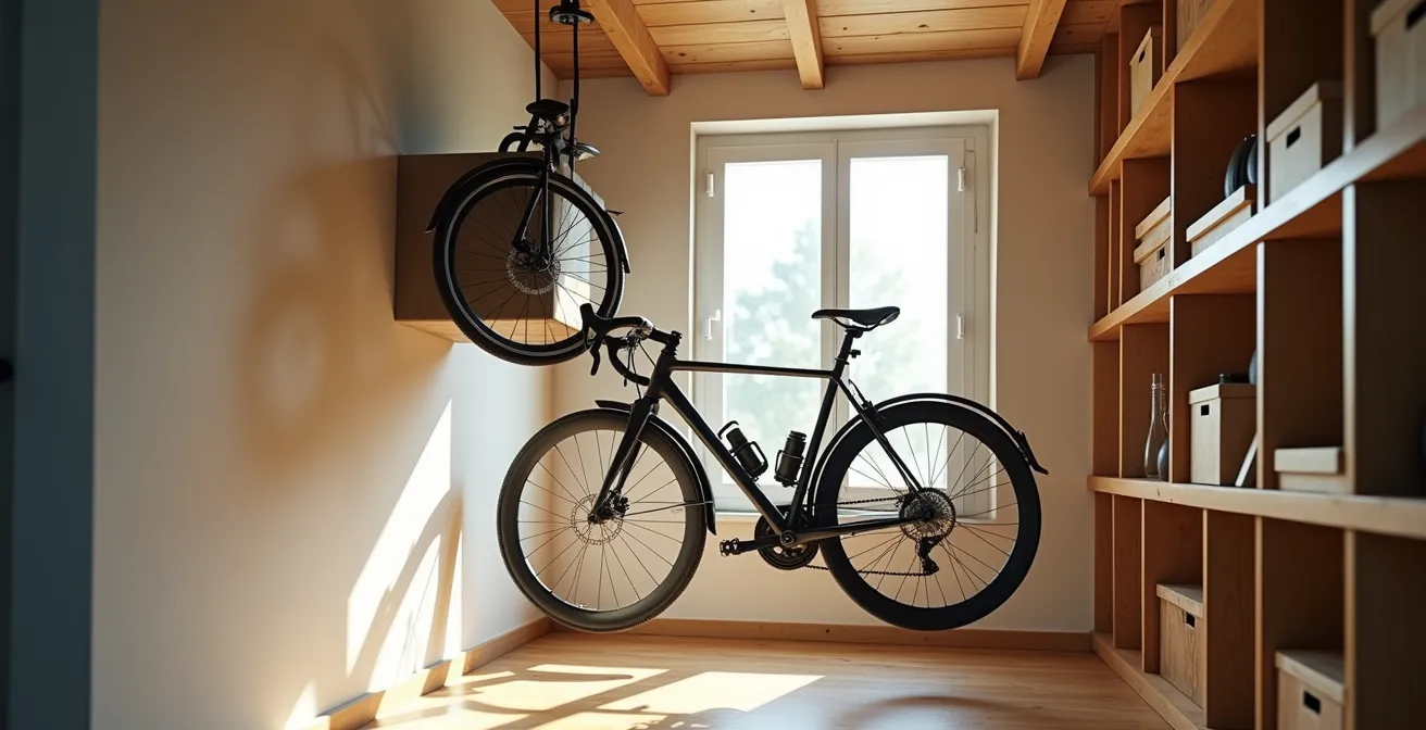 Sistema de poleas y soporte de pared para colgar bicicleta cargo en trastero pequeño
