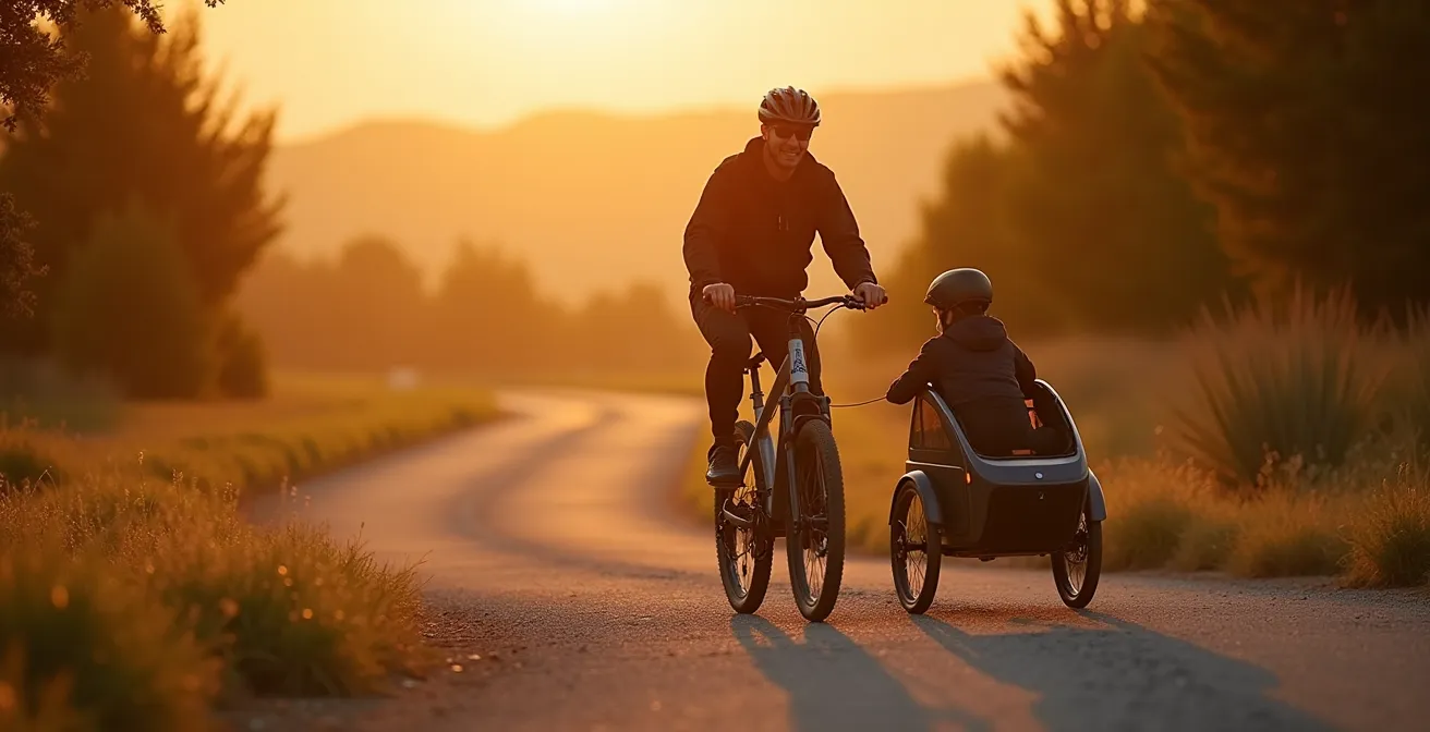 Demostración de técnica correcta de conducción con niño en remolque de bicicleta