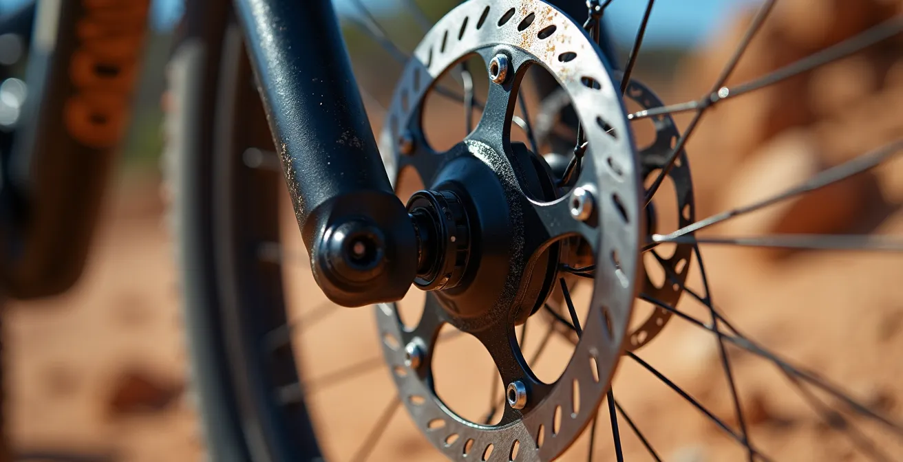Detalle macro de disco de freno 220mm con pastillas metálicas en e-MTB durante descenso técnico