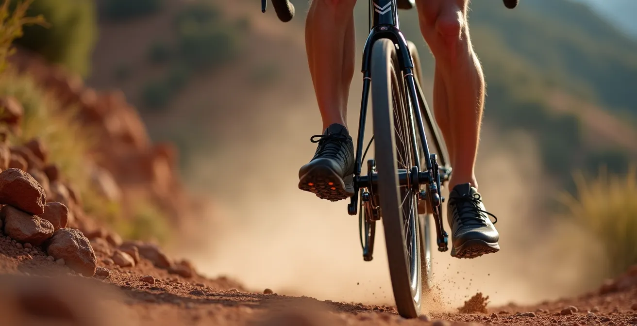 Ciclista usando técnica de pedaleo eficiente en subida técnica de montaña