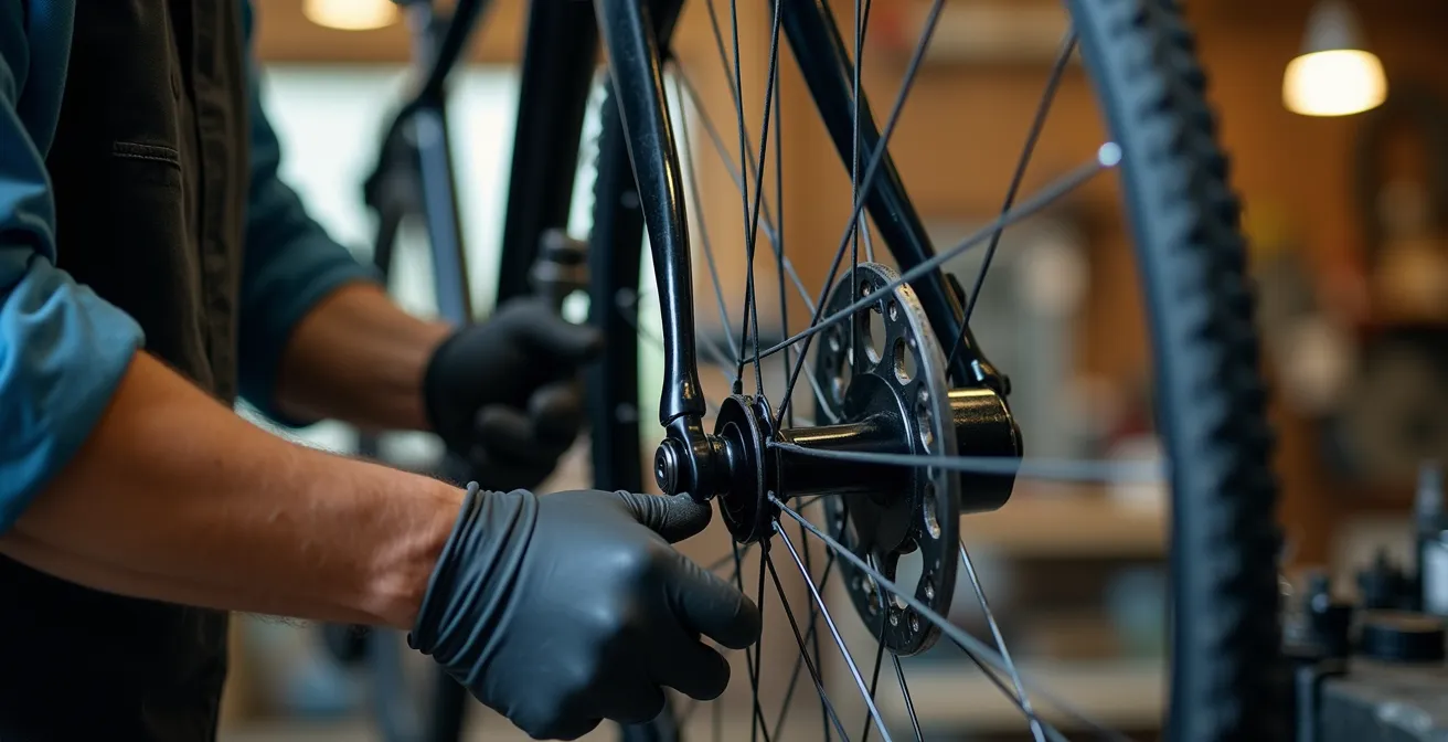 Mecánico ajustando tensión de radios en rueda trasera con motor de buje usando tensiómetro profesional en taller especializado