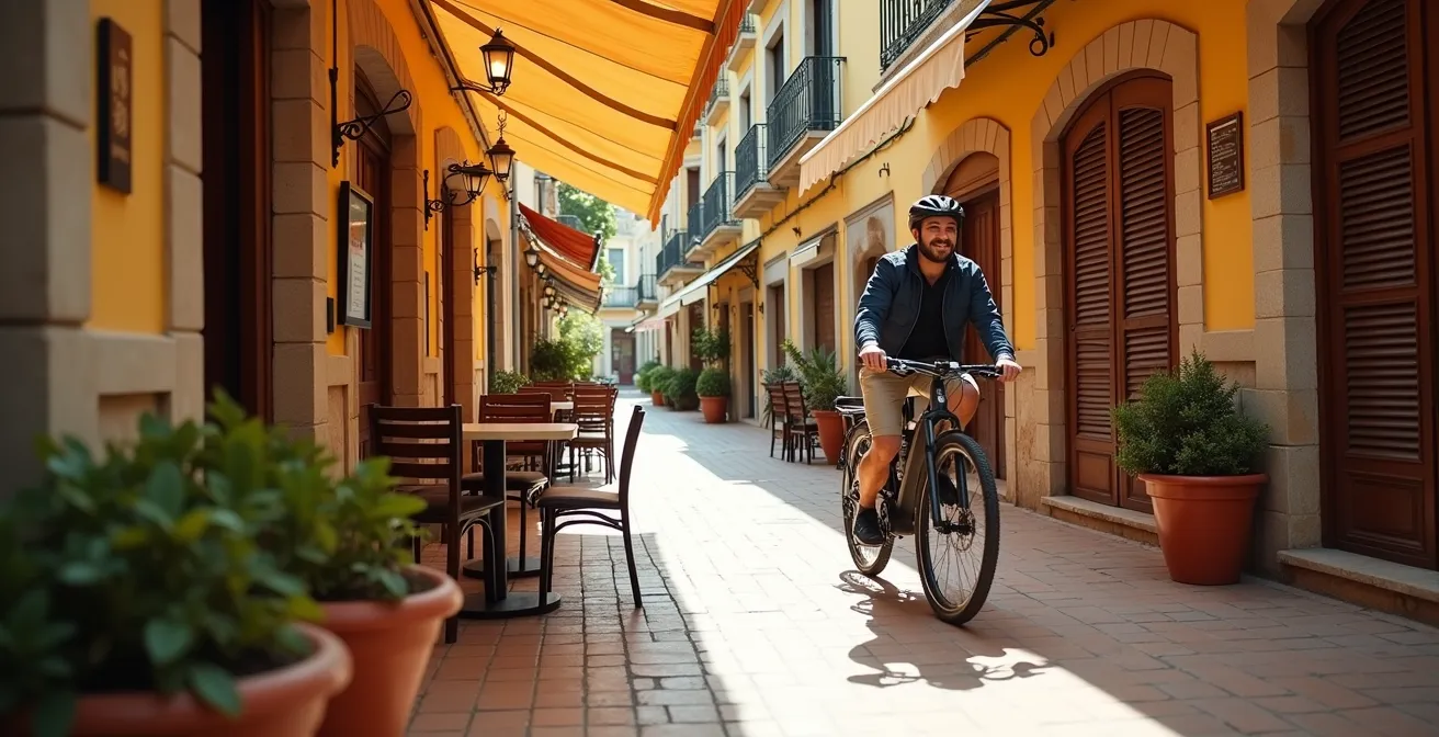 Vista amplia de terraza tradicional española con ciclista descansando mientras su bicicleta se carga