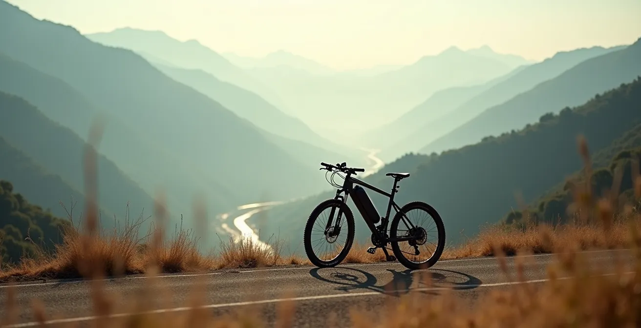 Bicicleta eléctrica en un puerto de montaña español durante test de batería