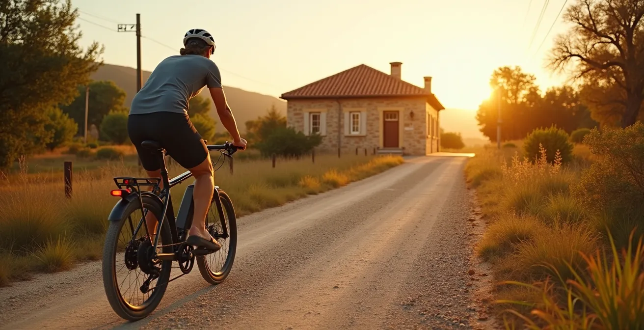 Ciclista con e-bike en vía verde llegando a antigua estación de tren rehabilitada
